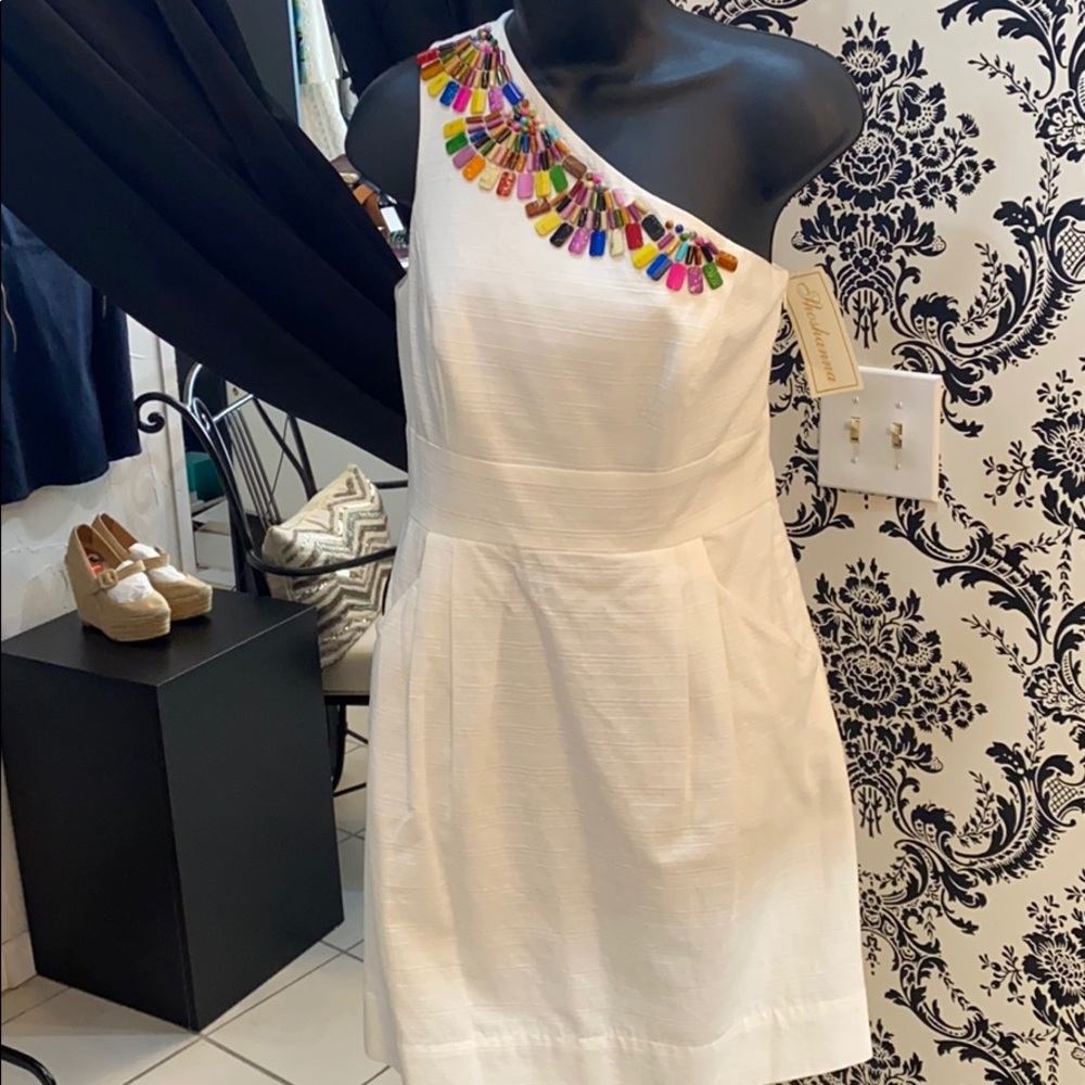 Shoshanna One shoulder beaded neckline dress